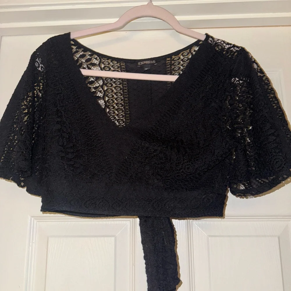Express Black Lace Crop Top with Tie-Back